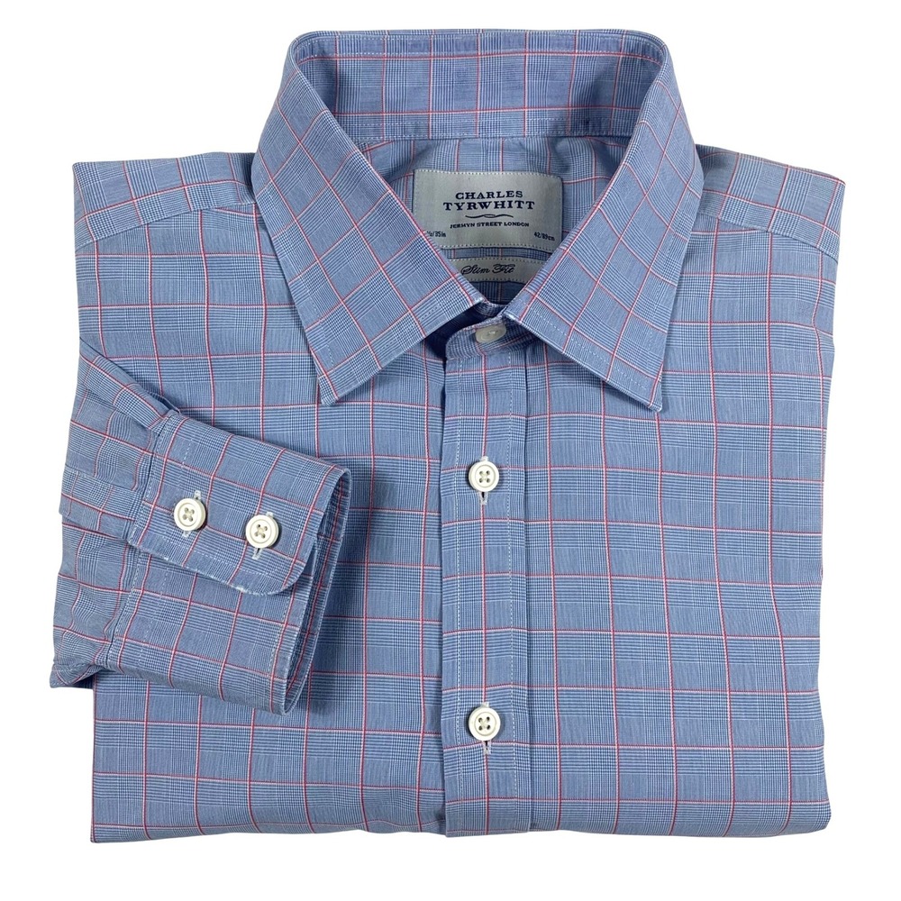 Charles Tyrwhitt Button Down Shirt Men Blue Red Glen Plaid Slim Fit 16.5 35‎